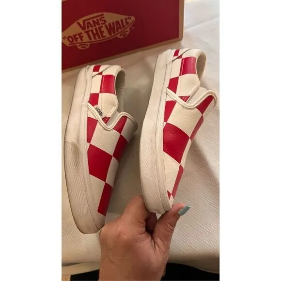 Vans Men's Check Casual Leather Classic Slip-On Shoes True White Racing Red Sz 6