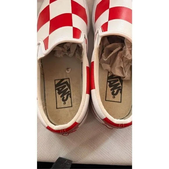 Vans Men's Check Casual Leather Classic Slip-On Shoes True White Racing Red Sz 6