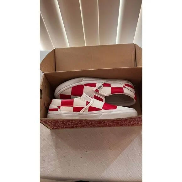 Vans Men's Check Casual Leather Classic Slip-On Shoes True White Racing Red Sz 6