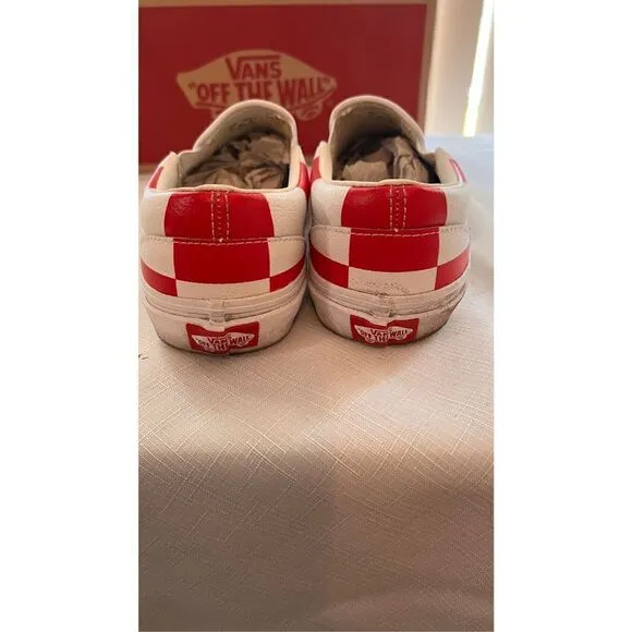 Vans Men's Check Casual Leather Classic Slip-On Shoes True White Racing Red Sz 6