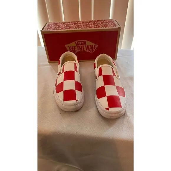 Vans Men's Check Casual Leather Classic Slip-On Shoes True White Racing Red Sz 6