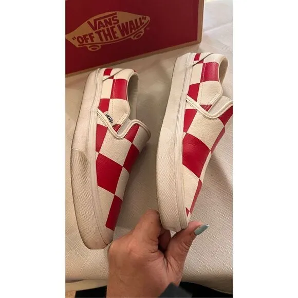 Vans Men's Check Casual Leather Classic Slip-On Shoes True White Racing Red Sz 6