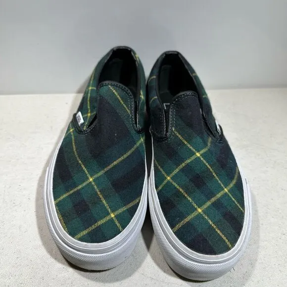 VANS Slip-On Tartan Green Blue Skate Shoes Unisex Wm's 8,5 Men 7