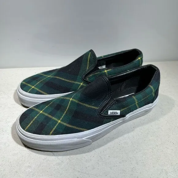 VANS Slip-On Tartan Green Blue Skate Shoes Unisex Wm's 8,5 Men 7