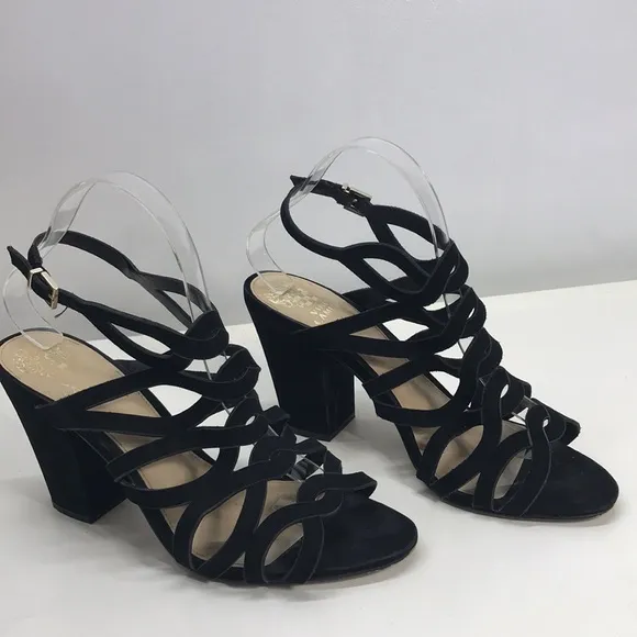 Vince Camuto Black Suede Heeled Sandals with Crisscrossed Pattern