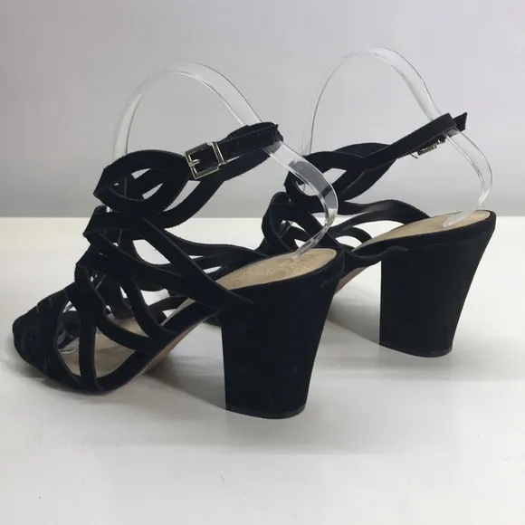 Vince Camuto Black Suede Heeled Sandals with Crisscrossed Pattern