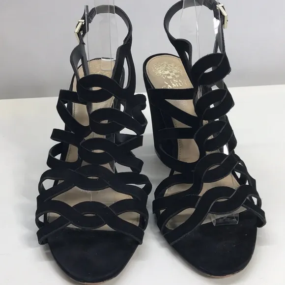 Vince Camuto Black Suede Heeled Sandals with Crisscrossed Pattern