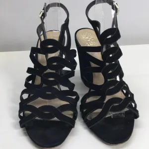 Vince Camuto Black Suede Heeled Sandals with Crisscrossed Pattern