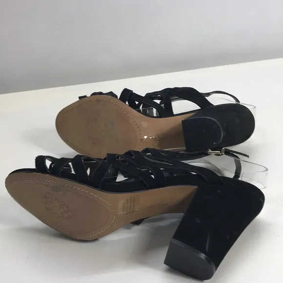 Vince Camuto Black Suede Heeled Sandals with Crisscrossed Pattern