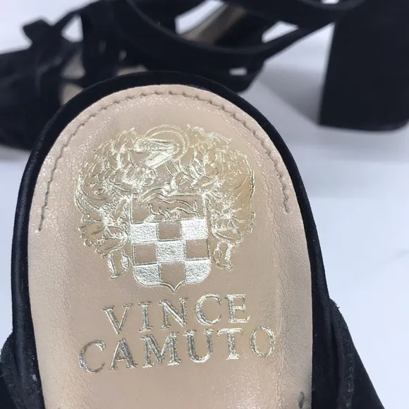 Vince Camuto Black Suede Heeled Sandals with Crisscrossed Pattern