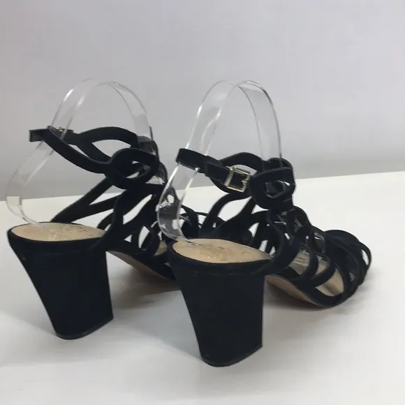 Vince Camuto Black Suede Heeled Sandals with Crisscrossed Pattern