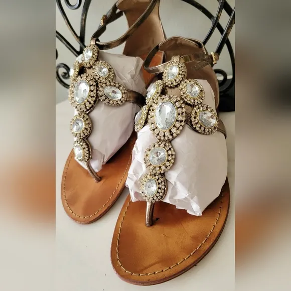 Vince Camuto Manelle Bronze Mirror Metallic Embellished Jewel Sandals Leather 9