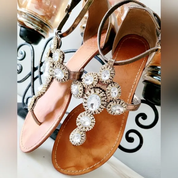 Vince Camuto Manelle Bronze Mirror Metallic Embellished Jewel Sandals Leather 9