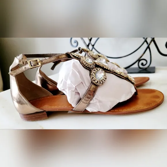 Vince Camuto Manelle Bronze Mirror Metallic Embellished Jewel Sandals Leather 9