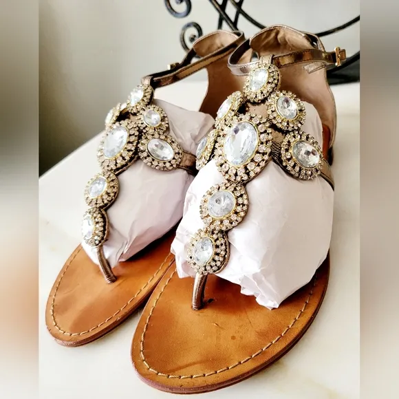 Vince Camuto Manelle Bronze Mirror Metallic Embellished Jewel Sandals Leather 9