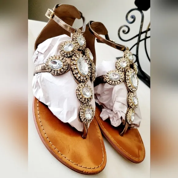 Vince Camuto Manelle Bronze Mirror Metallic Embellished Jewel Sandals Leather 9