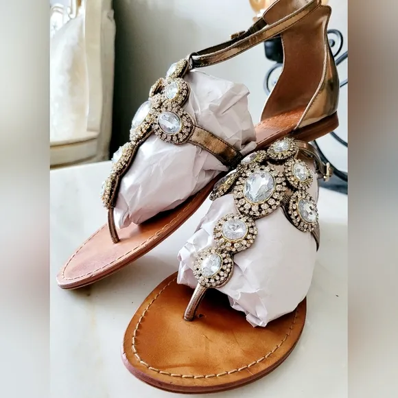 Vince Camuto Manelle Bronze Mirror Metallic Embellished Jewel Sandals Leather 9