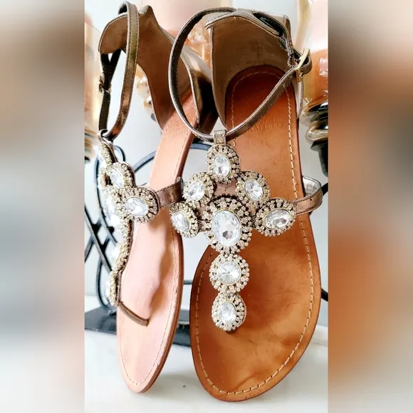 Vince Camuto Manelle Bronze Mirror Metallic Embellished Jewel Sandals Leather 9