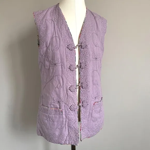 Vintage Chinese Pink Floral Quilted Tunic Vest - S, ***Reversible***