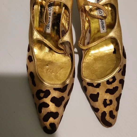 Vintage Manolo blanick leather animal print Slingback sandals