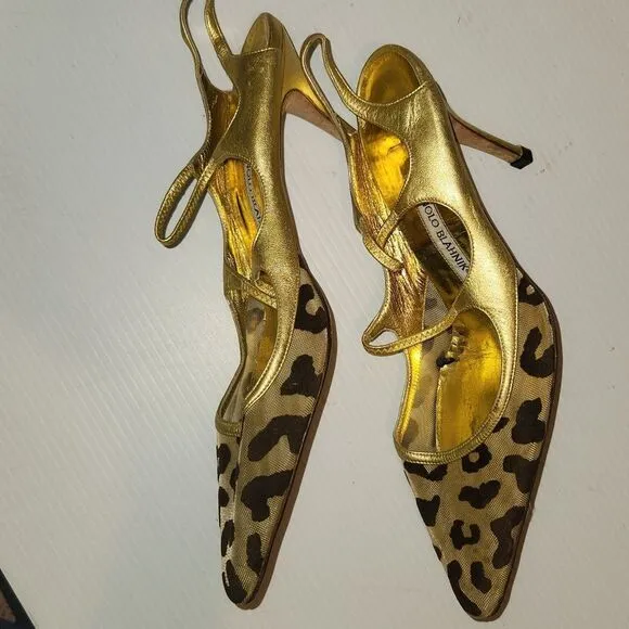 Vintage Manolo blanick leather animal print Slingback sandals