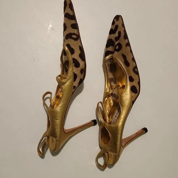 Vintage Manolo blanick leather animal print Slingback sandals