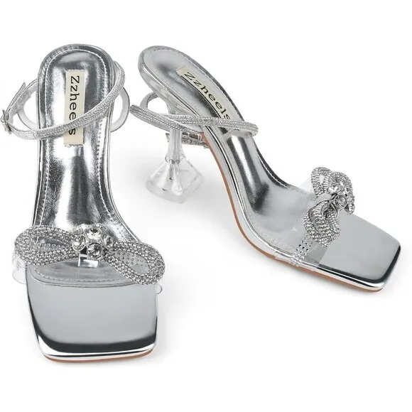 Women Sliver Bowknots Crystal Sandals Clear Slingback Heels Square for Wedding