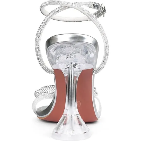 Women Sliver Bowknots Crystal Sandals Clear Slingback Heels Square for Wedding