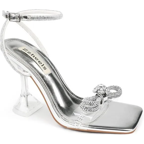 Women Sliver Bowknots Crystal Sandals Clear Slingback Heels Square for Wedding