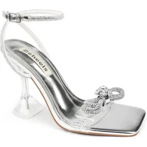 Women Sliver Bowknots Crystal Sandals Clear Slingback Heels Square for Wedding