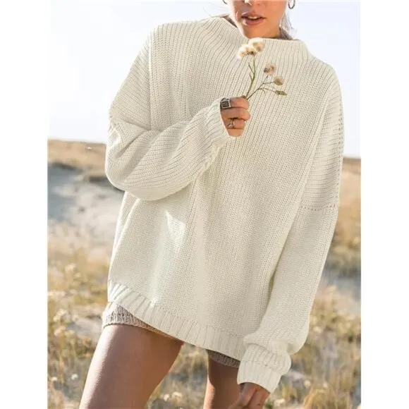 Women's Oversized Sweaters Batwing Sleeve Mock Neck Jumper Tops Chunky