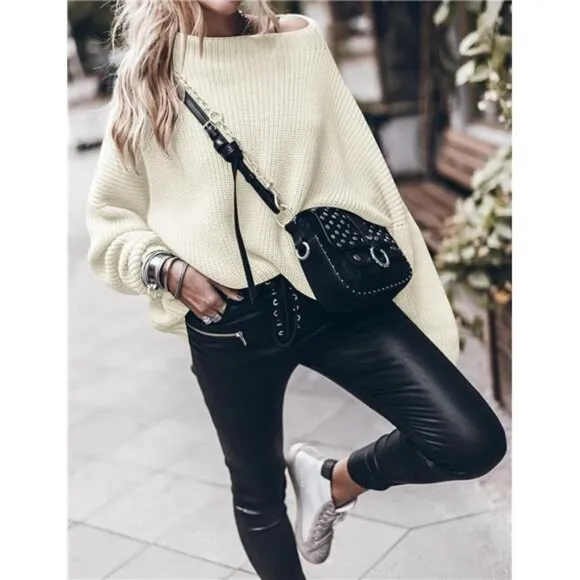 Women's Oversized Sweaters Batwing Sleeve Mock Neck Jumper Tops Chunky