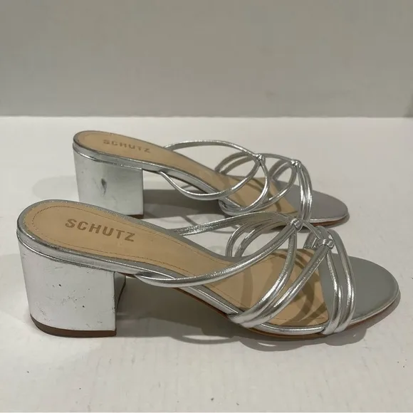 Women’s Schutz Princey Strappy Metallic Silver Leather Sandals Size 9.5 US!