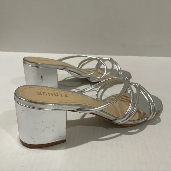 Women’s Schutz Princey Strappy Metallic Silver Leather Sandals Size 9.5 US!