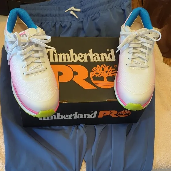 Womens Timberland PRO White Compopsite Toe Sneakers with Blue Accents Size 6