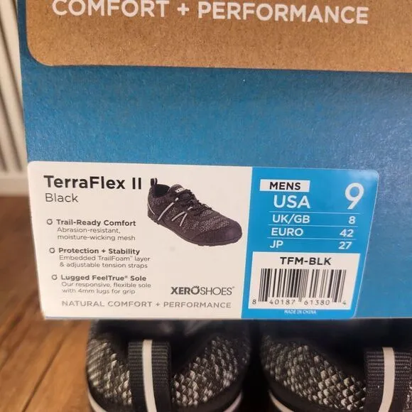 Xero TerraFlex II Mens Size 9 Black Trail Running Minimalist Lugged Hiking Shoes