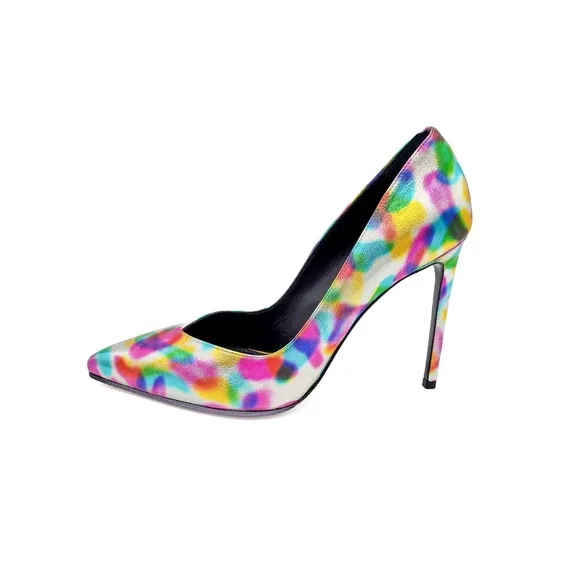 YSL Saint Laurent Paris Metallic Silver Leather Heels Pumps Shoes EU 37.5