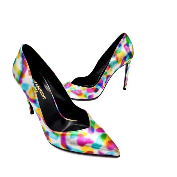 YSL Saint Laurent Paris Metallic Silver Leather Heels Pumps Shoes EU 37.5