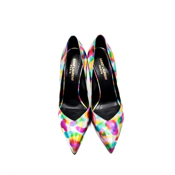 YSL Saint Laurent Paris Metallic Silver Leather Heels Pumps Shoes EU 37.5