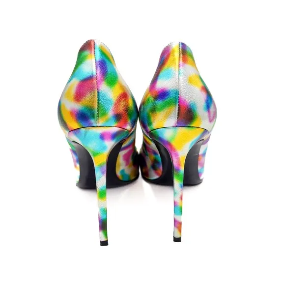 YSL Saint Laurent Paris Metallic Silver Leather Heels Pumps Shoes EU 37.5