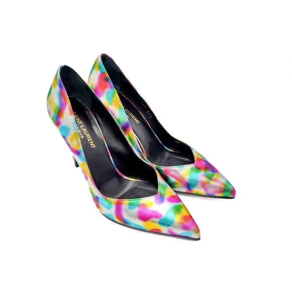 YSL Saint Laurent Paris Metallic Silver Leather Heels Pumps Shoes EU 37.5