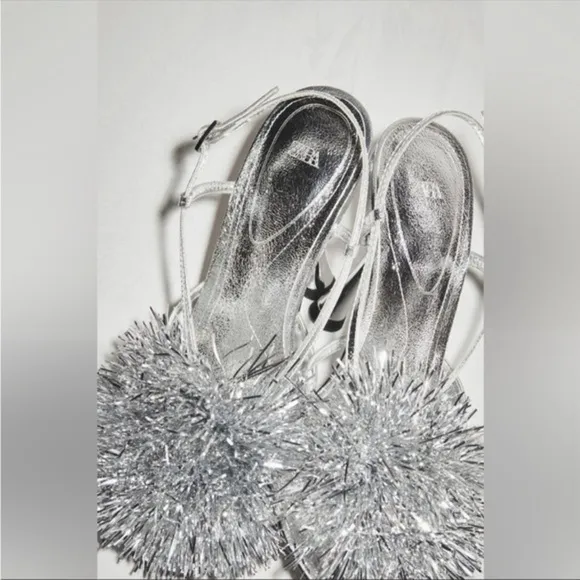 Zara silver metallic Pom Pom sandals NWT