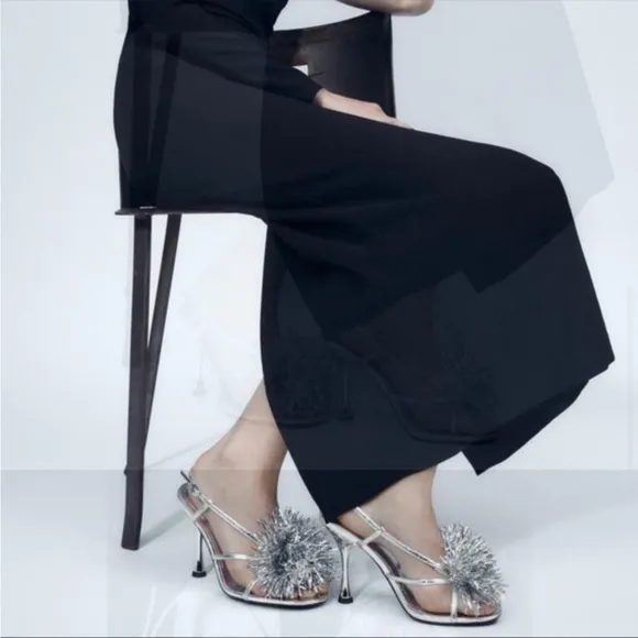 Zara silver metallic Pom Pom sandals NWT