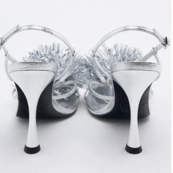 Zara silver metallic Pom Pom sandals NWT